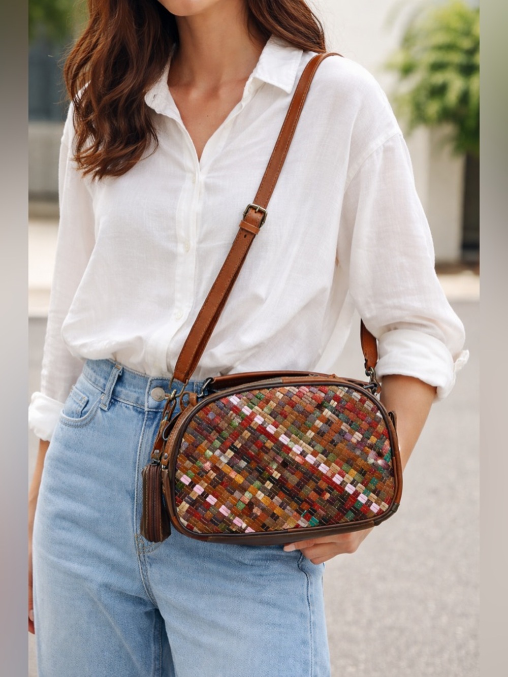 Amerileather Beckett woven satchel colorful Patchwork size 12.5" L x 8" H x 4" W